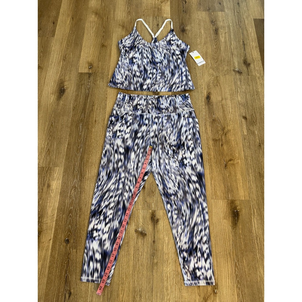 Kinesis Abstract Print Activewear Set Women 1X Blue White Tank Leggings Pockets - Picture 5 of 10
